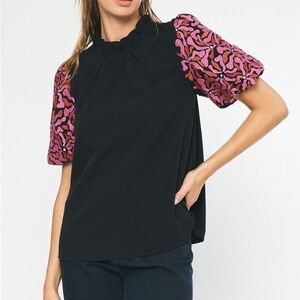 Entro Black Blouse with Pink Patterned Sleeve size small